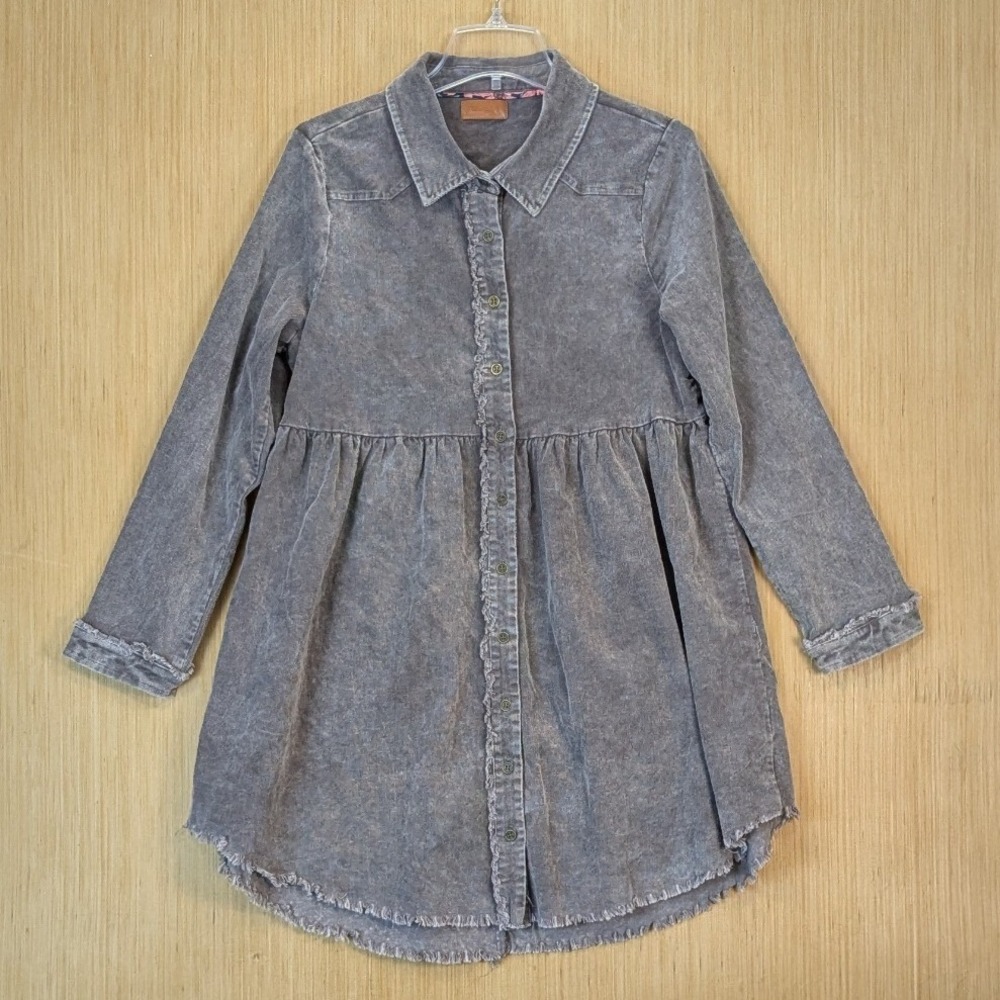 Umgee Boho Grunge Grey Corduroy Oversized Babydoll Tunic Top Large Mineral Wash